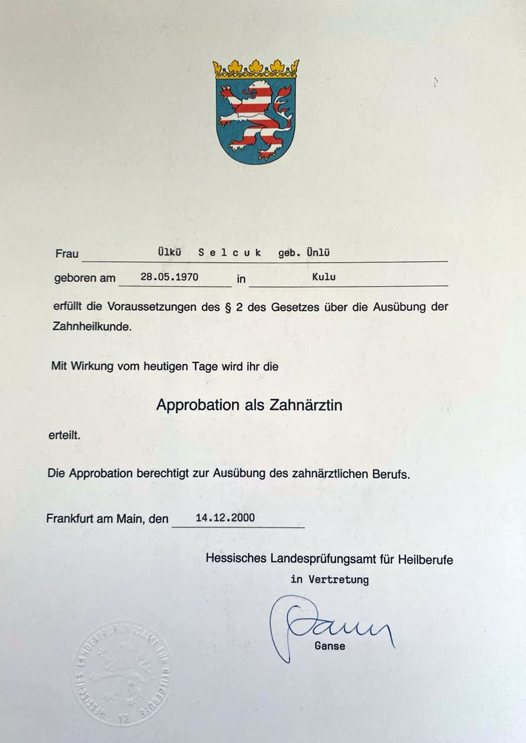 Diş Hekimi Ruhsatı (Approbation) – Hessen